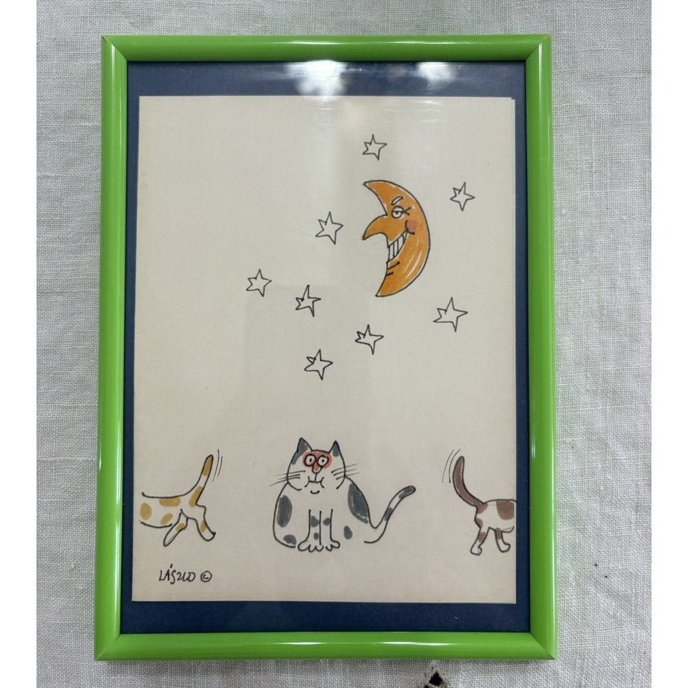 Cat Drawing - Signed Laszlo - Cat, Moon, Stars - Standing Or Hanging Frame